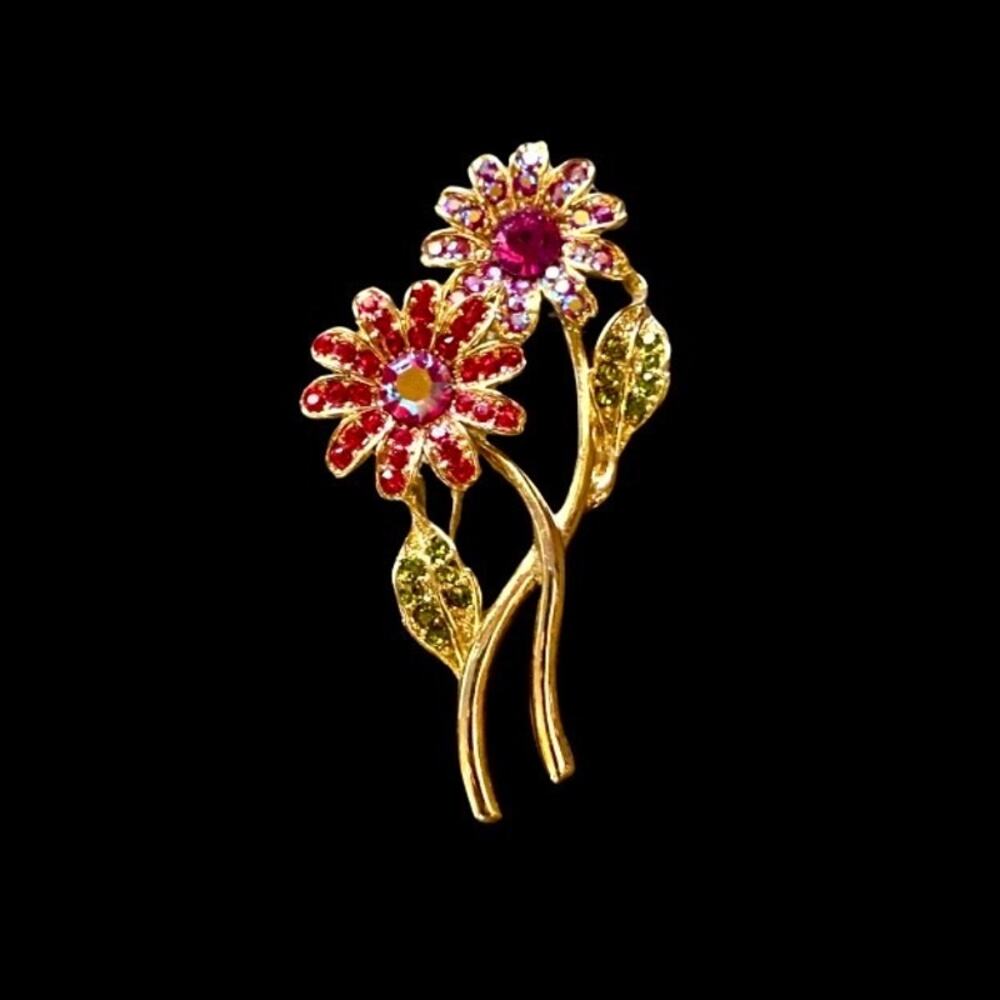 Vintage AB Red & Fuchsia Rhinestones Goldtoned Flower Brooch